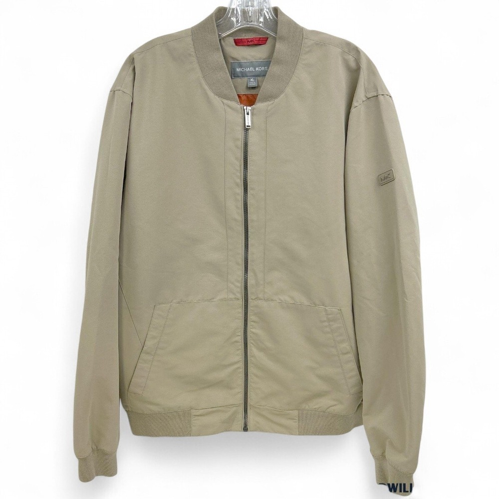 Michael Kors Mens Bomber Jacket Tan Khaki Orange Lining Full Zip Size XL